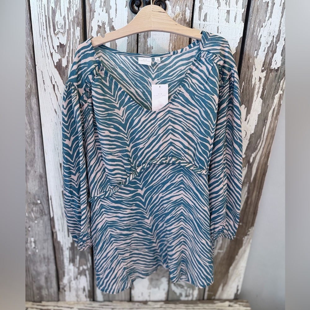 New Directions Teal and Cream Zebra Print Blouse Size XL NWT
